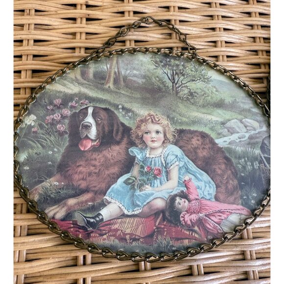Vintage 80's Pair Victorian Girls, St Bernard Dog Brass Chain Frame Wall Decor - Picture 3 of 13